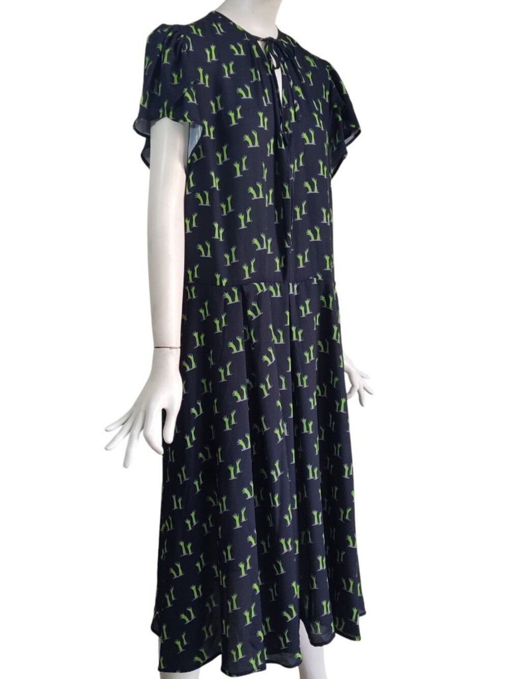 Unique Vintage Retro Zombie Slime Green Hands Tie Neck Swingy Midi Dress 2X/18 - Picture 3 of 12